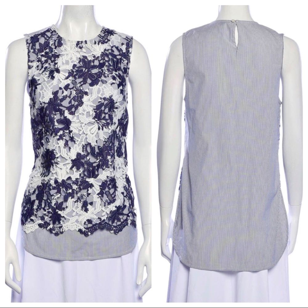 Thakoon Addition Sleeveless Top Blue Lace Floral Blue White Overlay Striped 2